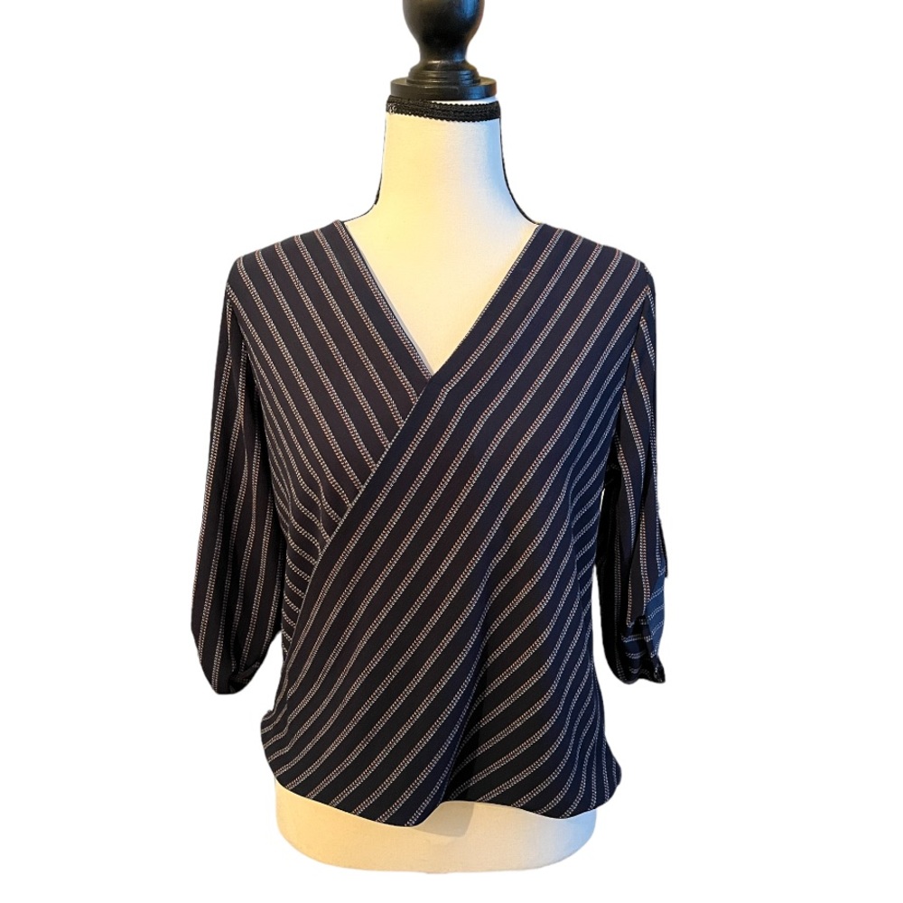 Ayla Striped Blouse Stripe Navy Sleeve Stitch Stitching V Neck Size XS 2
